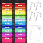 Storage Pocket Chart, Heavy Duty Wall File Organization Folder with 20 Clear File Pockets, 20 Blank Dry-Erase Name Stickers Plus 4 Over Door Hooks for Files, Classroom & Office (Black, 28.5” X 47”)