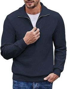 COOFANDY Men's Quarter Zip Up Pullover Casual Corduroy Polo Sweatshirt Slim Fit Mock Neck Long Sleeve Sweaters Navy Blue