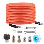 Sewer Jetter Kit for Pressure Washer with 1/4 Inch NPT Water Jet Drain Cleaner Hose, Rotating Corner Sewer Jetter Nozzle, Waterproof Tape, Spanners and Pearl Corsage Pin, 50FT,3600PSI