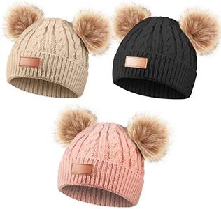 Kids Winter Pompom Hat Knitted Ski Beanie Hat Double Pom Beanie Cap for Girls Boys, for 1-3 Years Old, Black, Pink, Khaki