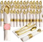 50 Pre Rolled Gold Plastic Silverware - 200pc Set, Service for 50 - Wrapped Disposable Silverware Set with Forks, Knives, Spoons, White Napkins - Fancy Decorative Flatware for Dinner, Party, Wedding