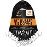 Rubber Bungee Cords with Hooks 10 Pack 15 Inch (27” Max Stretch) - Heavy-Duty Black Tie Down Straps for Outdoor, Tarp Covers, Canvas Canopies, Motorcycle, and Cargo - by Xpose Safety