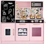 Best Choice Products Pretend Play Kitchen Wooden Toy Set for Kids w/Realistic Design, Telephone, Utensils, Oven, Microwave, Sink - Pink Floral