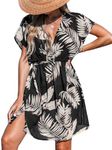 CUPSHE Women's Swimsuit Cover Ups V Neck Bathing Suits Short Sleeve Bikini Coverup Swimwear Dress Brown Leaf,M