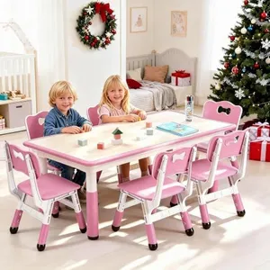 Garvee Kids Table and 6 Chair Set,47 in Modern Height Adjustable Toddler Table and 6 Chairs Set with Non-Slip Desk Legs&Organizer Graffiti Desktop, Preschool Activity Art Craft Tables for 6(Pink)