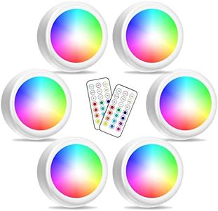 PURSNIC Under Cabinet Lights, RGB Wireless LED Puck Lights, Dimmable Night Lights with Battery Powered Remote Control, Colorful Party Atmosphere Light for Kitchen Closet Counter Wall Indoor, 6 Pack