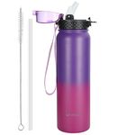 OLDLEY Stainless Steel Water Bottle with Straw 1L Vaccum Insulated Large Drink Flask Metal Water Bottles 1 Litre Leakproof Keeps Hot Cold for Sports Gym Camping Adult Women Men(Purple Rose, 1 Lid)