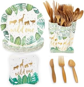 144 Piece Wild One Party Supplies for First Birthday Decorations with Safari Plates, Napkins, Cups, and Cutlery (Serves 24)