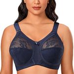 TELIMUSSTO Women's Floral Lace Bra Plus Size Firm Hold Non Wired Non Padded Full Coverage Minimizer 50C Blue