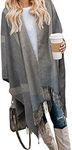 Bestshe Women's Boho Open Front Poncho Knitted Plaid Shawl Wrap Cape Tassel Cardigan Sweater, #12 Grey, One Size