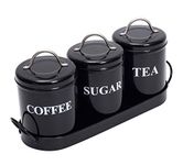 Xbopetda Tea Coffee Sugar Canisters, 3 Piece of Metal Food Storage Tin, Kitchen Canister Set with Metal Tray, Dry Food Storage Containers for Tea Coffee & Sugar-Black