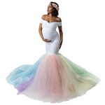 MYRISAM Pregnant Women White Lace Rainbow Tulle Maternity Dress Off-Shoulder Sweetheart Mermaid Photo Shoot Gown w/Train XL