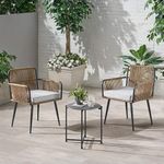 DEVOKO Outdoor Rope Patio 3 Piece Chair Table Bistro Set with All Weather Cushioned Furniture for Garden, Pool, Lawn, Deck, Porch (Beige & Grey)