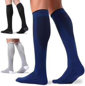 FITRELL 3 Pairs Compression Socks for Women and Men 20-30mmHg - Support for Travel, Running, Nurse, Knee High, Black/Grey/Navy S/M