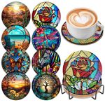 Diamond Painting Coasters with Holder,8 Pcs Colorful Glass Stain Diamond Art Coasters 5D DIY Art Coasters Kits Round Full Drill Diamond Art Craft Supplies for Adults Kids,Beginners