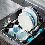 GSlife Sink Dish Drying Rack - Adjustable Stainless Steel Over Sink Dish Rack (10.8''-17.9''), in Sink Dish Drainer for Kitchen Counter with Utensil Holder and Handle Large Capacity, Silver