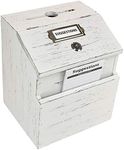 Excello Global Products Rustic White Suggestion Box with Lock: Wooden Ballot Comment Box, Wall Mounted or Freestanding. Includes Printed Labels & Suggestion Pads Cards