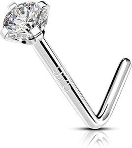OUFER 925 Sterling Silver Nose Stud, Bone L Screw Shaped Nose Rings, 20G Nostril Solid 2mm Round CZ Nose Piercing Jewelry for Women Men