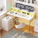 YITAHOME L Shaped Desk with Power Outlets & LED Lights & File Cabinet, 55" Corner Computer Desk with Drawers, Home Office Desk with Monitor Stand & Storage Shelves, White & Gold
