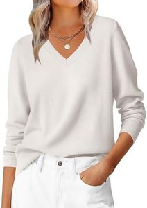 ANRABESS Womens Long Sleeve V Neck Sweaters 2025 Fall Casual Classic Soft Loose Fit Basic Pullover Jumper Top White Small