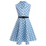 FYMNSI Kids Girls Vintage 1950s Rockabilly Audrey Hepburn Dress Summer Turndown Collar Buttons V-neck Sleeveless Swing A-line Pleated Retro Cocktail Birthday Party Evening Casual Dress Blue 9-10 Years