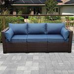 DEVOKO 3-Seater Patio Wicker Loveseat Rattan Couch Furniture Powder Coated Iron Frame with High Back Non-Slip Cushioned for Garden, Pool, Balcony, Lawn (Dark Brown & Navy Blue)