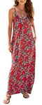 OURS Women's Summer Casual Floral Printed Bohemian Spaghetti Strap Floral Long Maxi Dress with Pockets (Large, Red Floral), Red Floral, Large