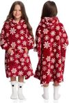 Mad Dog Wearable Fleece Blanket Hoodie, Christmas Matching Family Sets with Long Sleeves for Adults Girls & Boys Xmas Poncho, Kids, Red Print, 4-7 Years