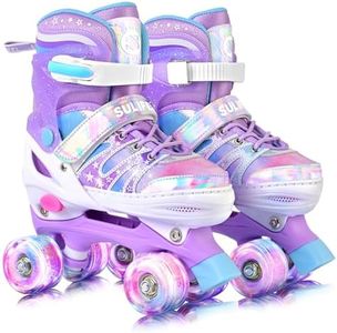 SULIFEEL Rainbow Tie-Dye Adjustable Roller Skates for Girls Kids Ages 3-5 5-8 6-12 Pink Purple Light Up Skate with Fluffy Pom Poms Triple Protection for Indoor Outdoor Skating