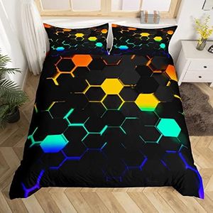 Castle Fairy 3D Honeycomb Bedding Set Queen Size,Colorful Neon Light Hexagon Duvet Cover Set 3Pcs Bedroom Decor Fashion Geometric Comforter Cover Black Cool Gaming Quilt Cover,2 Pillowcases