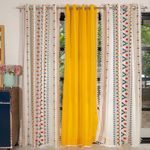 Urban Space 100% Cotton Curtains for Door, Set of 3 Curtains 7 feet Long, 60-65% Room Darkening Curtain, Tieback & Eyelets Included with Curtains for Home Decor (Orange & Aura Yellow, Door- 7 Feet)