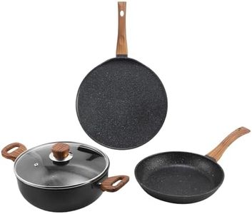 Vinod Zest Plus Die Cast Non Stick Cookware Set Combo 3 Pieces | Kadai with Lid, Frypan Dosa Tawa | 5-Ply Aluminum Layer (5Mm Thick) | Gas & Induction Base | 2 Year Warranty, Black