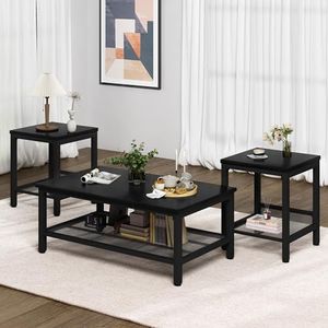 Lamerge 3 Pieces Living Room Table Set, Industrial Coffee Table with 2 Square End Side Tables, Coffee Table Set with Metal Frame for Apartment Home Office, Black