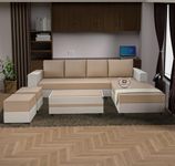 WOODREAM Right Facing Upholstered L Shape 8 Seater Sofa Set | Sectional Swed Fabric Sofa Set with Centre Table, 2 Puffy Ottomans & 4 Small Pillow for Living Room & Drawing Room | Beige & White