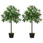 Outsunny Set Of 2 90cm/3FT Artificial Bay Laurel Topiary Trees w/Pot Fake Indoor Outdoor Greenery Plant Home Office Garden Decor Green