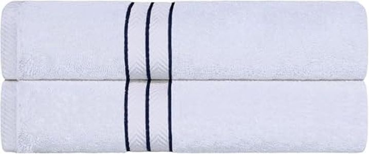 Superior Hotel Collection 900 Gram, 100% Premium Long-Staple Combed Cotton 2 Piece Bath Towel Set, White with Navy Blue Border