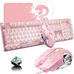 USB Wired Mechanical Gaming Keyboard Blue Switch Retro Steampunk Vintage Typewriter-Style White LED Backlit 104-Key Anti-Ghosting + 2400DPI 6 Buttons Game Mouse Compatible with PC Office Play Games