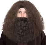 GEAGLE Long Brown Wig with Beard Wizard Afro Kinky Curly Wig Sepia Fluffy Wig Old Man Cosplay Costume Wigs Halloween Christmas Party Men Women