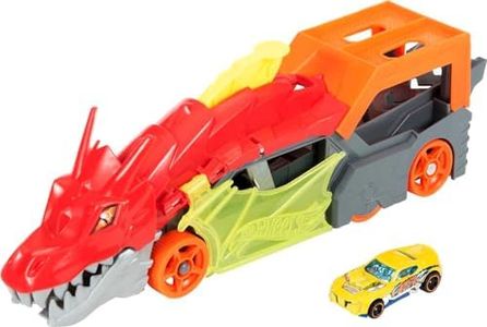 Hot Wheels City Dragon Launch Transporter, Spits Toy Cars from its Mouth, Connects to Other Sets, Holds up to 5 Toy Vehicles, Includes 1 Hot Wheels, Gift for Kids 3 Years & Up