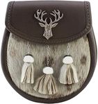 Semi Dress Sporran Spotty Faux Fur Brown Leather Stag Head Badge, Polished Finish Scottish Made with Sporran Waist Chain Lrg 34" - 46" Scottish Celtic Wallet Pouch Kilt Accessories for Men