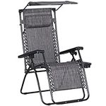 Outsunny Zero Gravity Garden Deck Folding Chair Texteline Patio Sun Adjustable Lounger Reclining Seat with Cup Holder and Canopy Shade, Grey