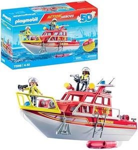 PLAYMOBIL Action Heroes 71598 Barca dei Vigili del Fuoco, missione di salvataggio sull'acqua, barca galleggiante con tetto removibile e accessori, giocattolo per bambini dai 4 anni in su