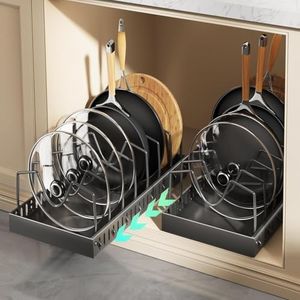 2PACK Pull Out Pots and Pans Organizer Under Cabinet, Sliding Lid Holder and Pan Rack in Kitchen, Slide Out inside Cabinet Storage for Pot Lid, Bakeware, Dishes, 8 Adjustable Dividers - Black
