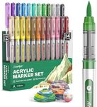 JusArt Acrylic Paint Markers Brush Tip 24 Colors, Water Based Acrylic Markers with Automatic Ink Control System, Waterproof Acrylic Paint Pens for Rock Painting, Wood, Fabric, Egg, Christmas Gift