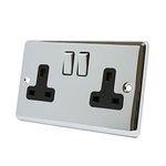 AET CPC2GSOCBC 13 A 2-Gang Polished Chrome Classical Double Plug Socket with Black Insert Metal Rocker Switches