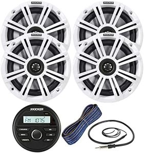 Kicker All-Weather Marine Gauge Style Bluetooth USB Stereo Receiver Bundle Combo with 2 Pair (Qty 4) 6.5" 2-Way 195W Max Coaxial Marine Speakers w/White Grilles, 50-Ft 16-Gauge Wire, 22" Antenna