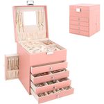 Jewellery Box Organiser with 6 Drawers and Mirror, Large PU Jewelry Organiser Display Case with Side Drawers, 5 Layers Jewellery Box for Rings Earrings Bracelets Necklaces, Pink