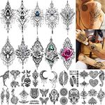 TASROI 32 Sheets Sexy Black Henna Temporary Tattoos For Women Girls Mehnid Lace Tatoo Sticker Neck, Mandala Flower Butterfly Lotus Rose Tattoo Temporary Dreamcatcher Elephant Henna Tattoo Kit Adults