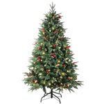 Pre-lit Christmas Tree 150cm/5ft,600 Branches Tips Artificial Pine Xmas Tree with 150 LED Lights & 40 Red Berry & 40 Pinecone Decoration for Indoor Outdoor