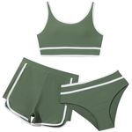 Girls' Sports Swimsuit 3 Piece Bathing Suits,Plain Bikini Set with Shorts Cover Up,Tankini Girls Surfing Beach Swimwear Set Up,Sizes 7-12 Years, Quick Dry Swimsuits Swimming (1B-Green, 13-14 Years)